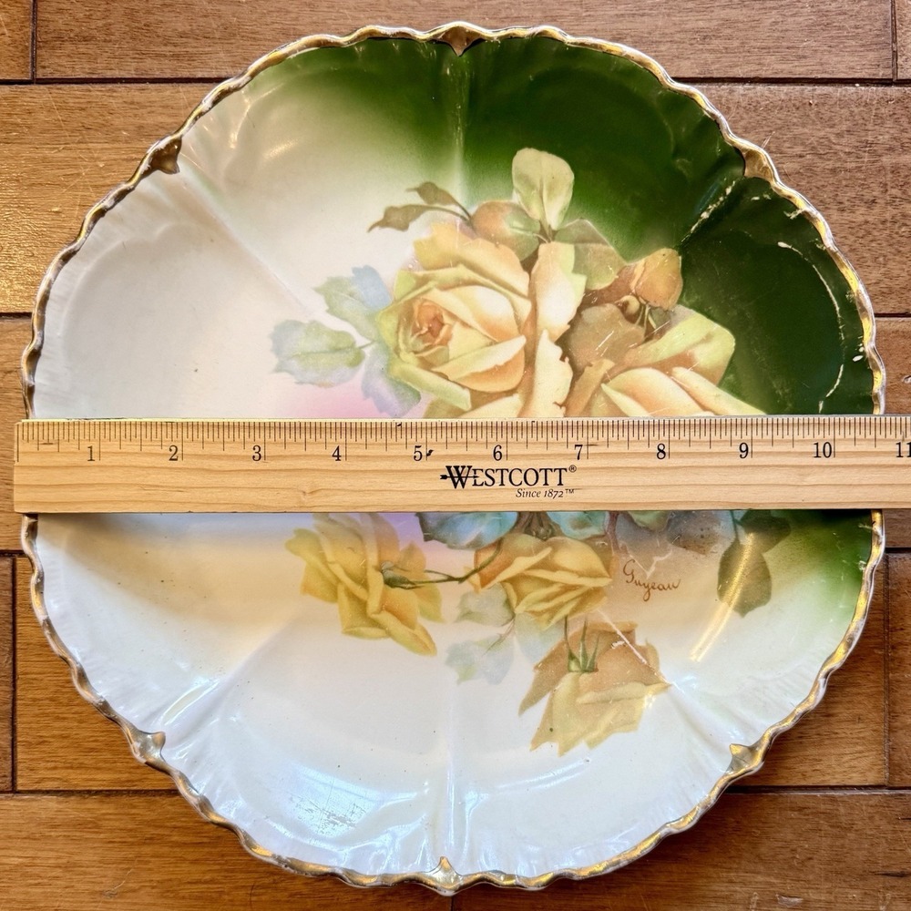Antique VTG Hand Painted Large 11" Serving Bowl Plate Yellow Rose Roses Guyeauā - Picture 2 of 6